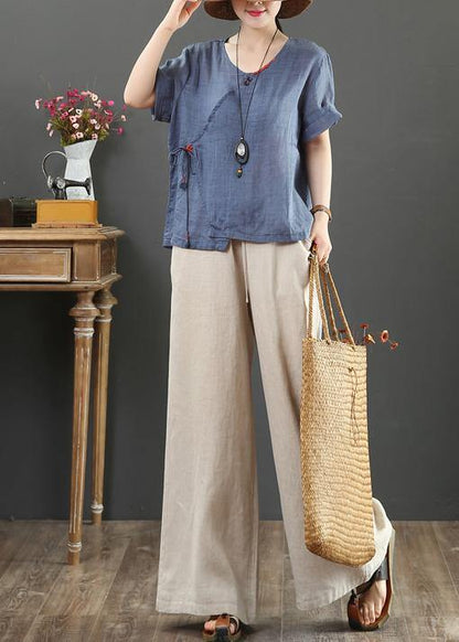 Unique Navy Linen Blouse O Neck Button Down Midi Tops