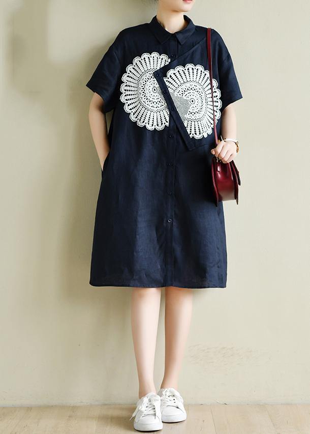 Unique Navy Tunic Dress O Neck Patchwork Lace Art Summer Dress