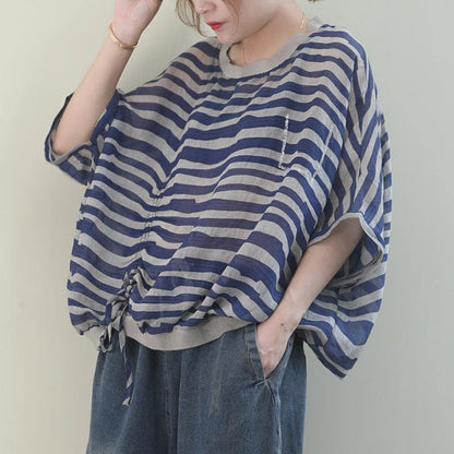 Unique O Neck Batwing Sleeve Linen Shirts Blue Striped Shirt