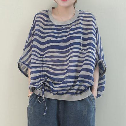 Unique O Neck Batwing Sleeve Linen Shirts Blue Striped Shirt