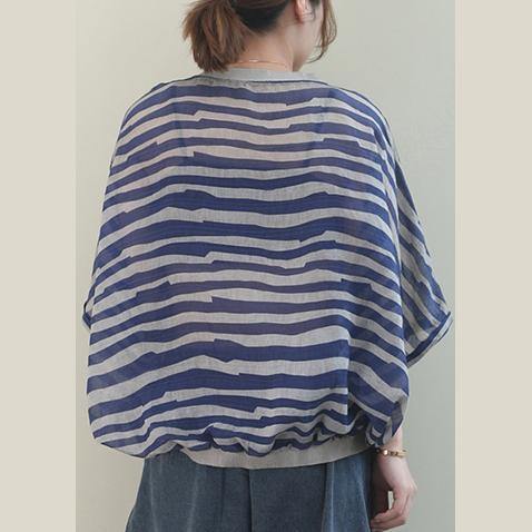 Unique O Neck Batwing Sleeve Linen Shirts Blue Striped Shirt