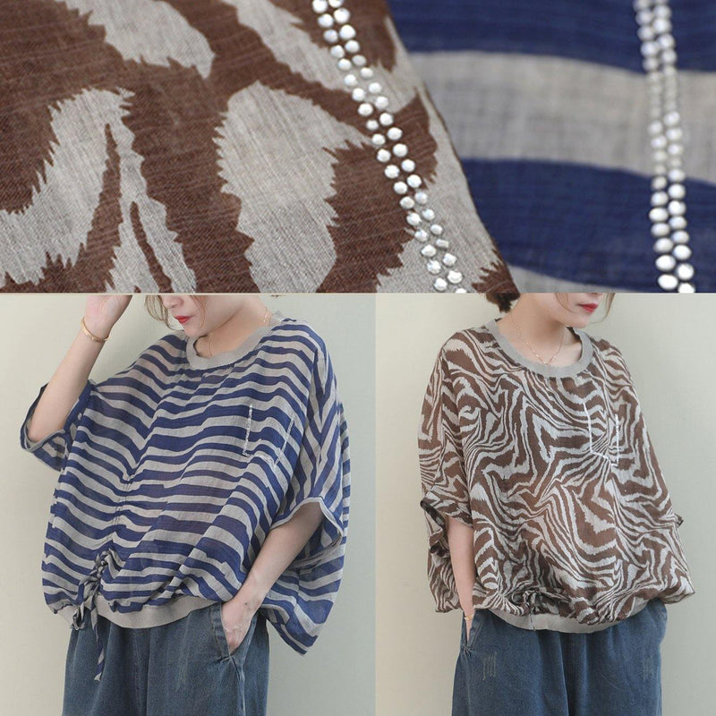 Unique O Neck Batwing Sleeve Linen Shirts Blue Striped Shirt