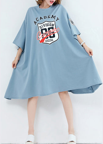 Unique O Neck Asymmetric Cotton Dresses Work Light Blue Midi Dresses Summer