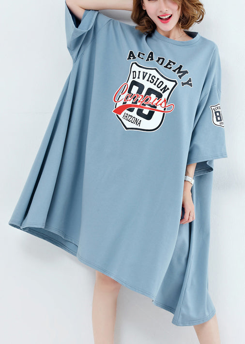Unique O Neck Asymmetric Cotton Dresses Work Light Blue Midi Dresses Summer