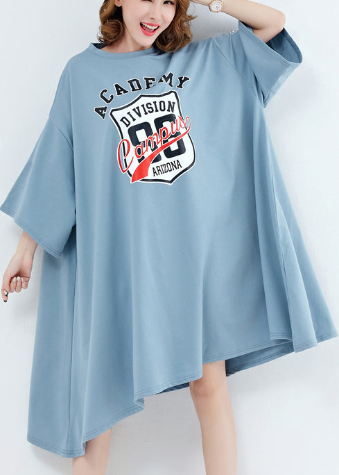 Unique O Neck Asymmetric Cotton Dresses Work Light Blue Midi Dresses Summer