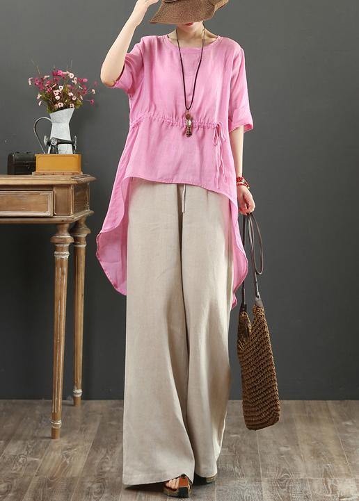 Unique O Neck Asymmetric Linen Tops Wardrobes Pink Top
