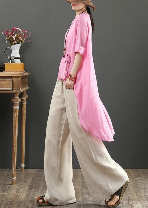 Unique O Neck Asymmetric Linen Tops Wardrobes Pink Top