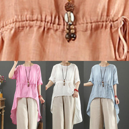 Unique O Neck Asymmetric Linen Tops Wardrobes Pink Top