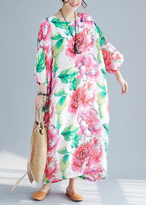Unique O Neck Batwing Sleeve Cotton Clothes Neckline Red Print Long Dress Summer