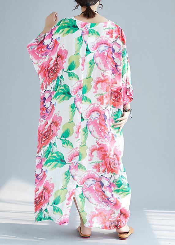 Unique O Neck Batwing Sleeve Cotton Clothes Neckline Red Print Long Dress Summer