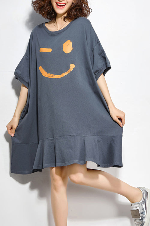 Unique O Neck Half Sleeve Cotton Quilting Clothes Work Outfits Gray Tunic Dresses Summer