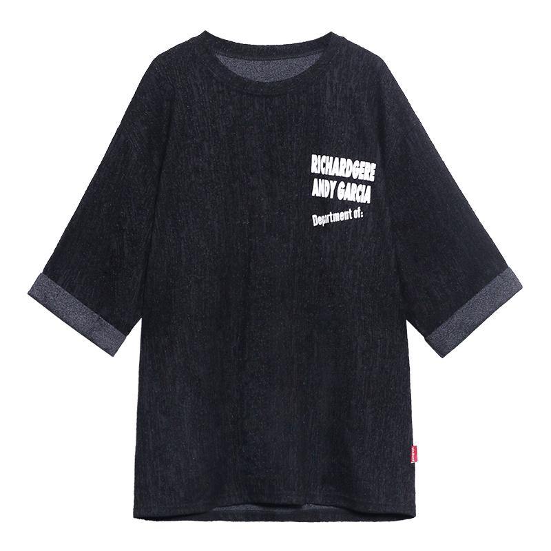Unique O Neck Half Sleeve Clothes for Black Letter Top