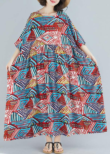 Unique O Neck Large Hem Cotton Clothes Design Blue Print Dresses Summer