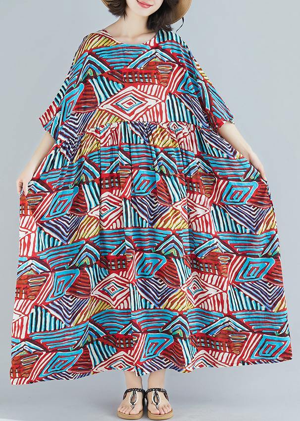Unique O Neck Large Hem Cotton Clothes Design Blue Print Dresses Summer