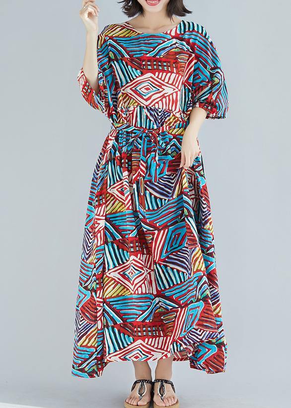 Unique O Neck Large Hem Cotton Clothes Design Blue Print Dresses Summer
