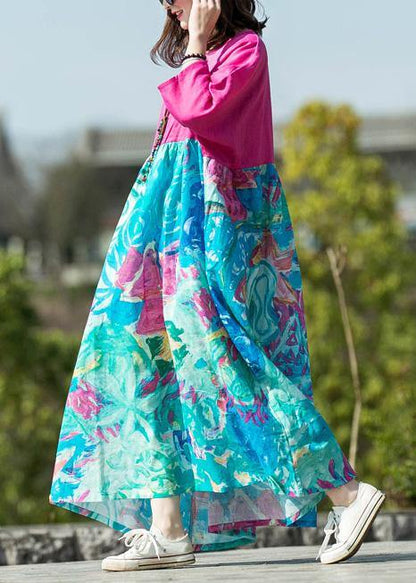 Unique O Neck Large Hem Cotton Linen Clothes for Rose Patchwork Dresses Summer