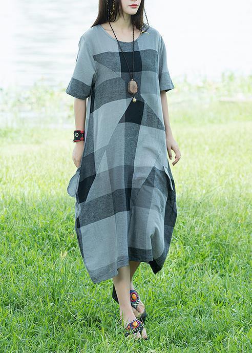 Unique O Neck Linen Dresses Light Gray Plaid Patchwork Loose Dresses Sundress