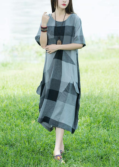 Unique O Neck Linen Dresses Light Gray Plaid Patchwork Loose Dresses Sundress