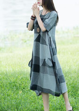 Unique O Neck Linen Dresses Light Gray Plaid Patchwork Loose Dresses Sundress