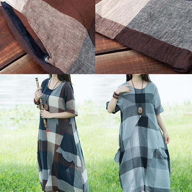 Unique O Neck Linen Dresses Light Gray Plaid Patchwork Loose Dresses Sundress