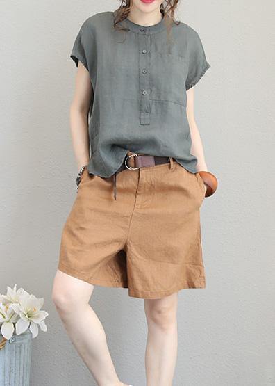 Unique O Neck Linen Tops Blouses Low High Design Clothing Gray Green Shirt