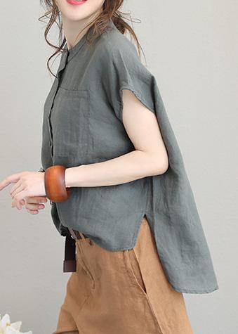 Unique O Neck Linen Tops Blouses Low High Design Clothing Gray Green Shirt