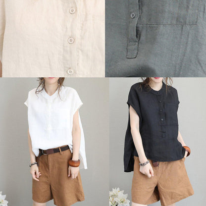 Unique O Neck Linen Tops Blouses Low High Design Clothing Gray Green Shirt