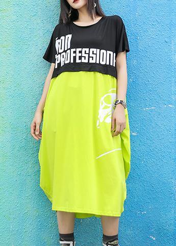 Unique O Neck Patchwork Cotton Dresses Wardrobes Black Green Print Dresses Summer