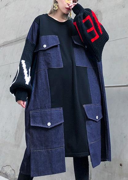 Unique O Neck Patchwork Long Shirts Pattern Black Maxi Dress