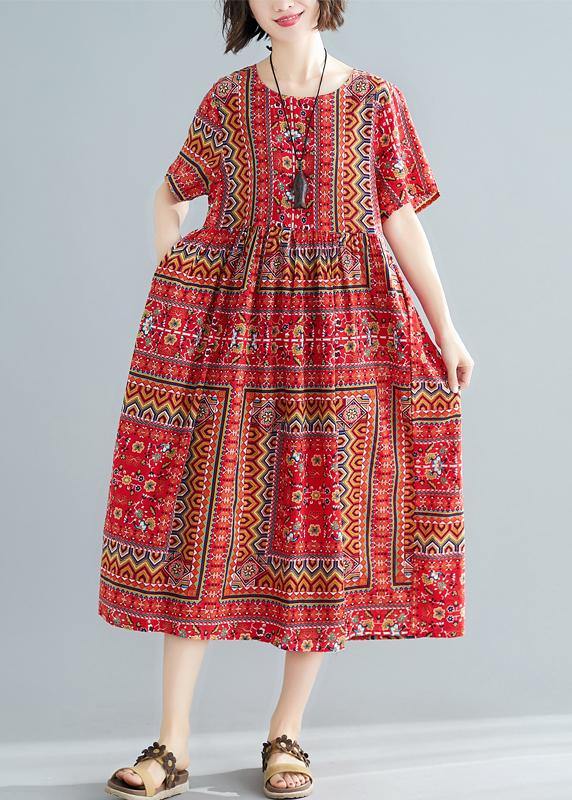 Unique O Neck Patchwork Cotton Dresses Shape Red Print a Line Dress Summer