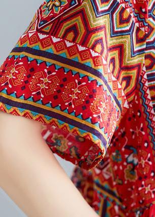 Unique O Neck Patchwork Cotton Dresses Shape Red Print a Line Dress Summer