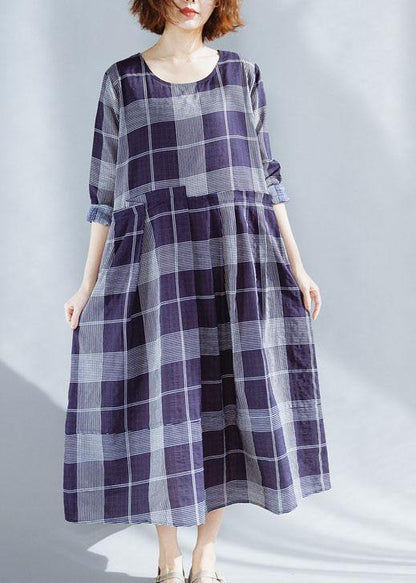 Unique O Neck Patchwork Cotton Outfit Catwalk Blue Plaid Dresses Summer