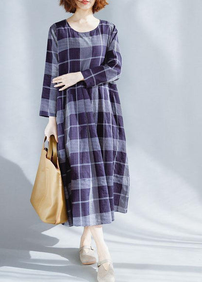 Unique O Neck Patchwork Cotton Outfit Catwalk Blue Plaid Dresses Summer