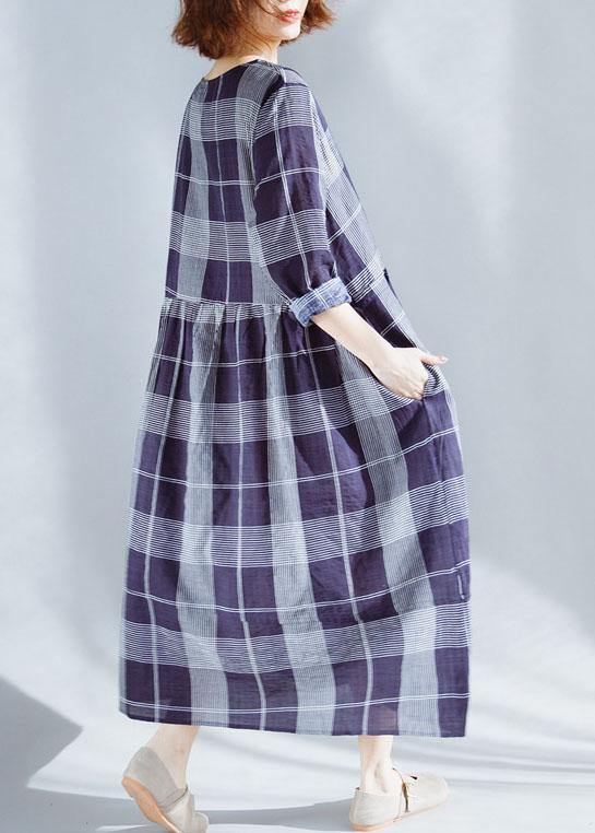 Unique O Neck Patchwork Cotton Outfit Catwalk Blue Plaid Dresses Summer