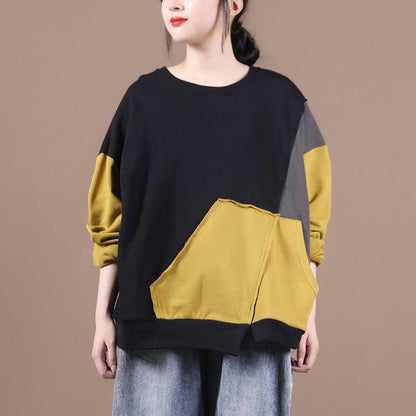 Unique o neck patchwork fall Blouse Fabrics yellow shirts