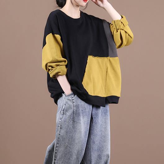 Unique o neck patchwork fall Blouse Fabrics yellow shirts