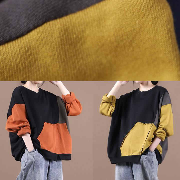 Unique O Neck Patchwork Fall Blouse Fabrics Yellow Shirts