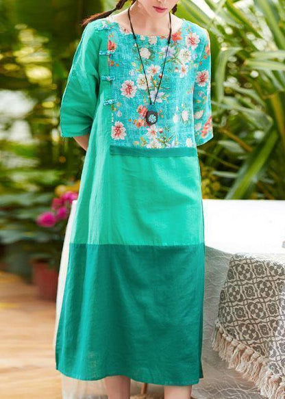 Unique O Neck Patchwork Linen Clothes for Outfits Green Print Dress Summer