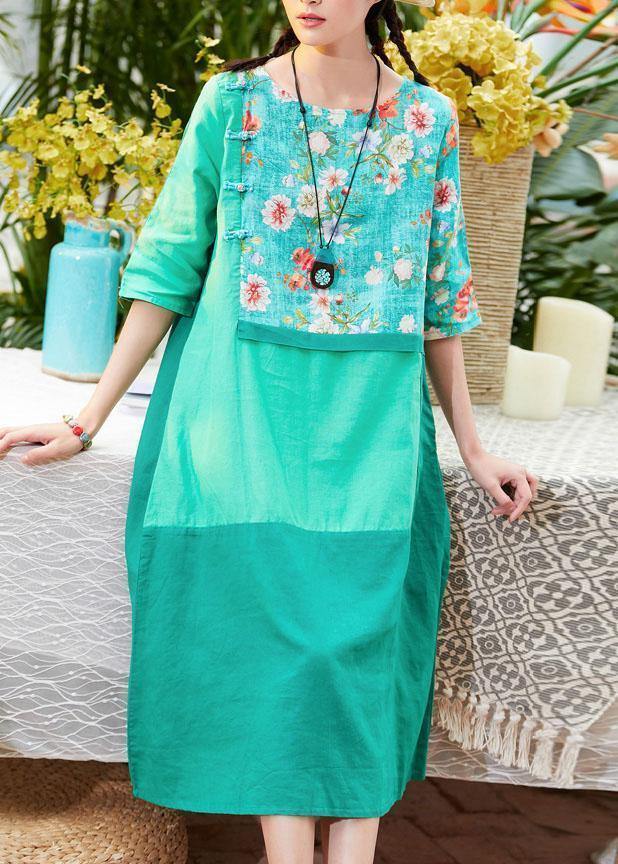 Unique O Neck Patchwork Linen Clothes for Outfits Green Print Dress Summer