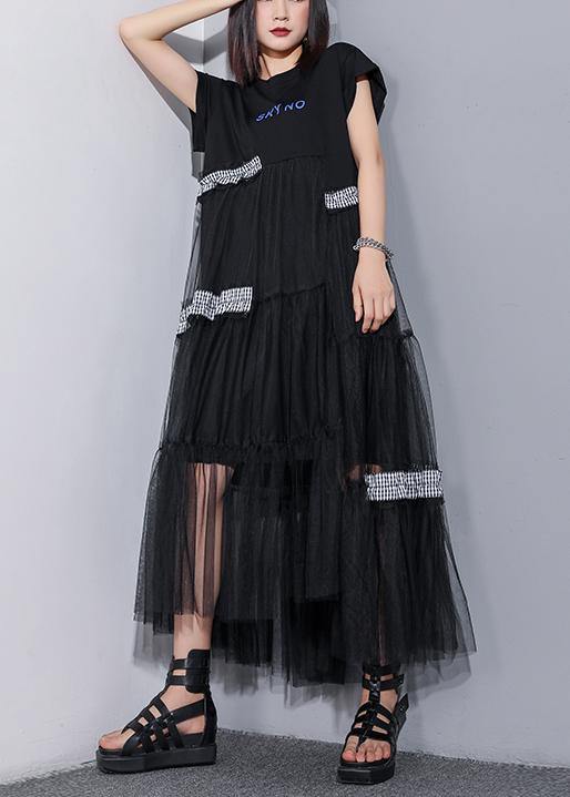 Unique O Neck Patchwork Tulle Cotton Dress Black Art Dresses Summer