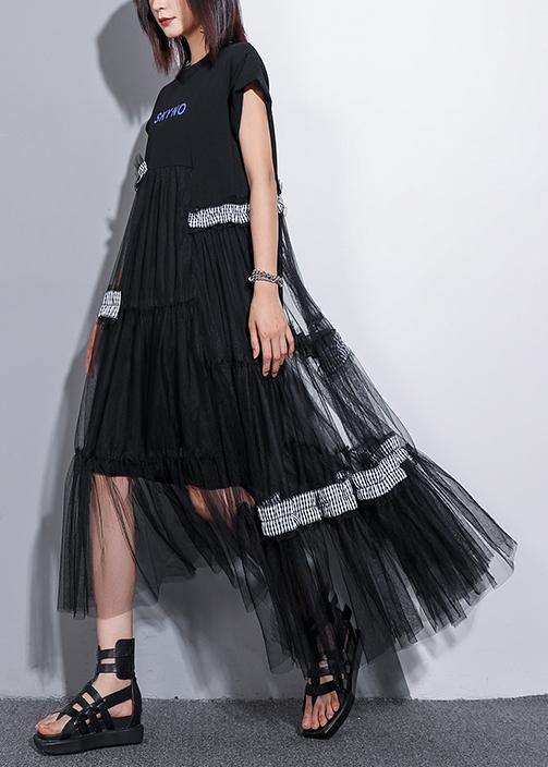 Unique O Neck Patchwork Tulle Cotton Dress Black Art Dresses Summer