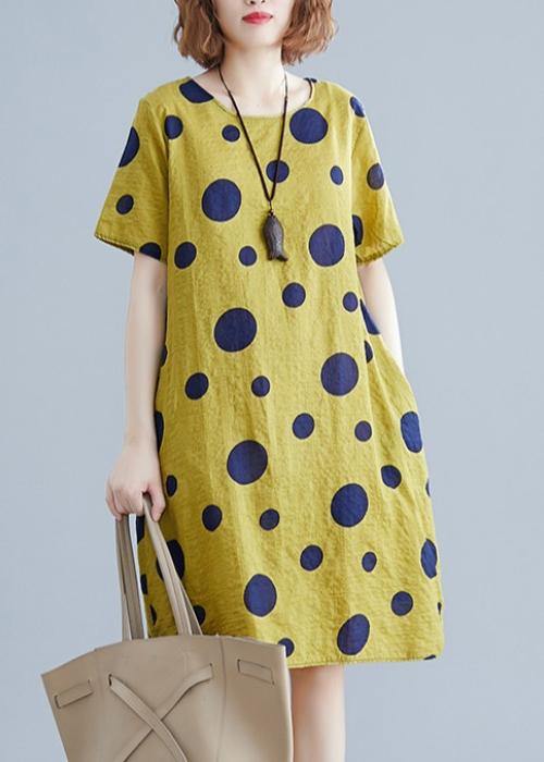 Unique O Neck Pockets Cotton Clothes Wardrobes Yellow Dotted Dresses