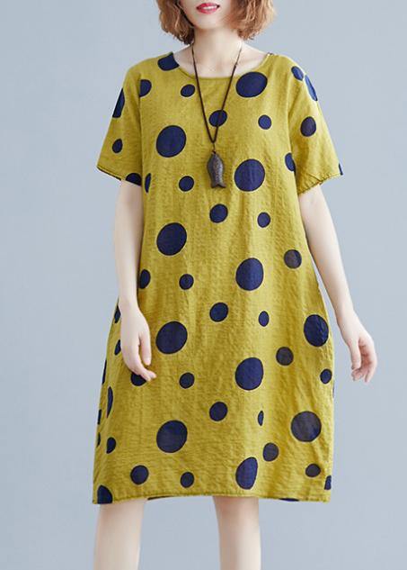 Unique O Neck Pockets Cotton Clothes Wardrobes Yellow Dotted Dresses