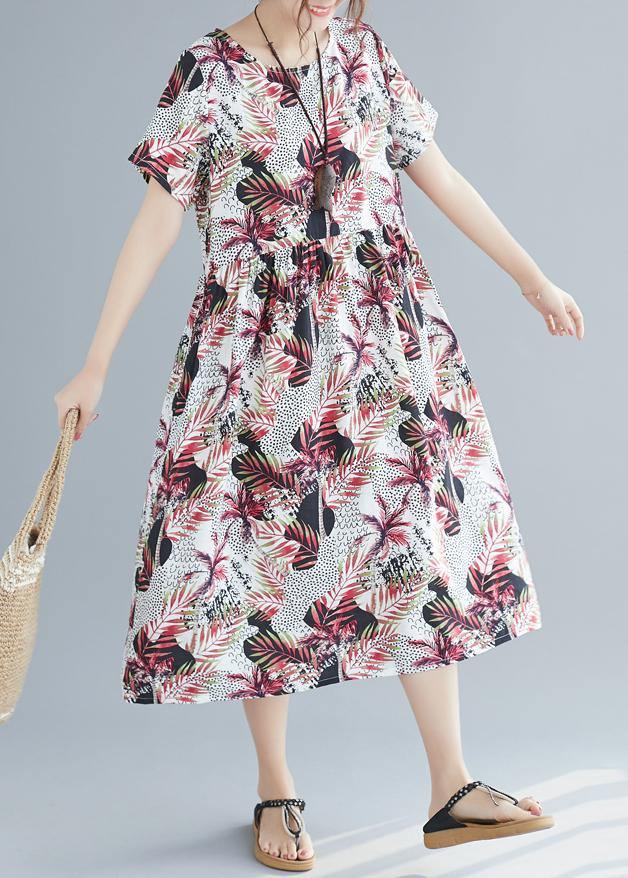 Unique O Neck Pockets Cotton Robes Omychic Pattern Red Print Clothing Dresses Summer