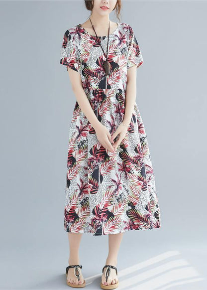 Unique O Neck Pockets Cotton Robes Omychic Pattern Red Print Clothing Dresses Summer