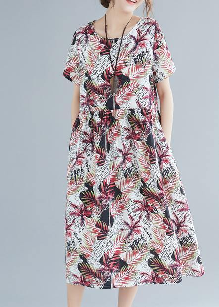 Unique O Neck Pockets Cotton Robes Omychic Pattern Red Print Clothing Dresses Summer