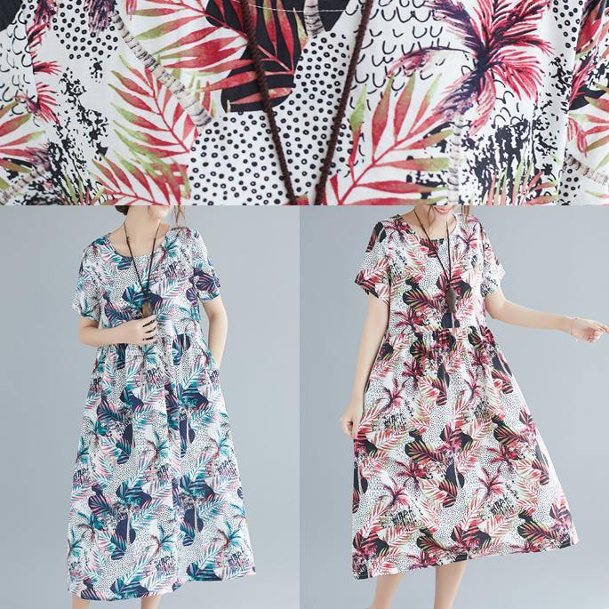 Unique O Neck Pockets Cotton Robes Omychic Pattern Red Print Clothing Dresses Summer