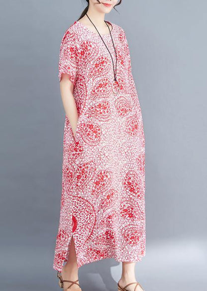 Unique O Neck Side Open Cotton Soft Surroundings Pattern Red Print Clothing Dresses Summer