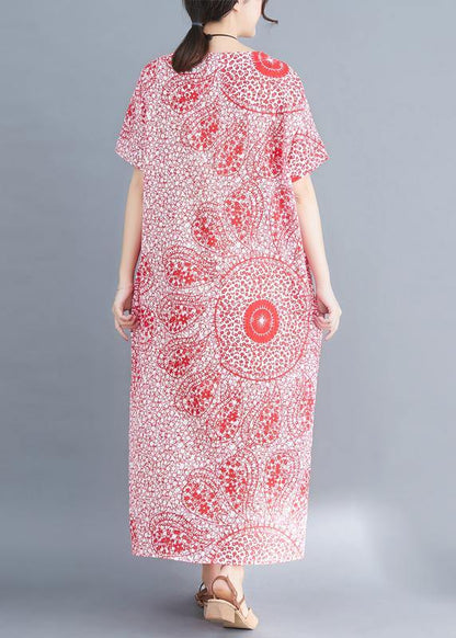 Unique O Neck Side Open Cotton Soft Surroundings Pattern Red Print Clothing Dresses Summer