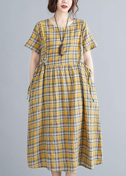 Unique O Neck Tie Waist Clothes Neckline Yellow Plaid Loose Dress
